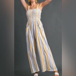 Umgee • Striped Smocked Jumpsuit Yellow, Blue & White • Size S • NWT
